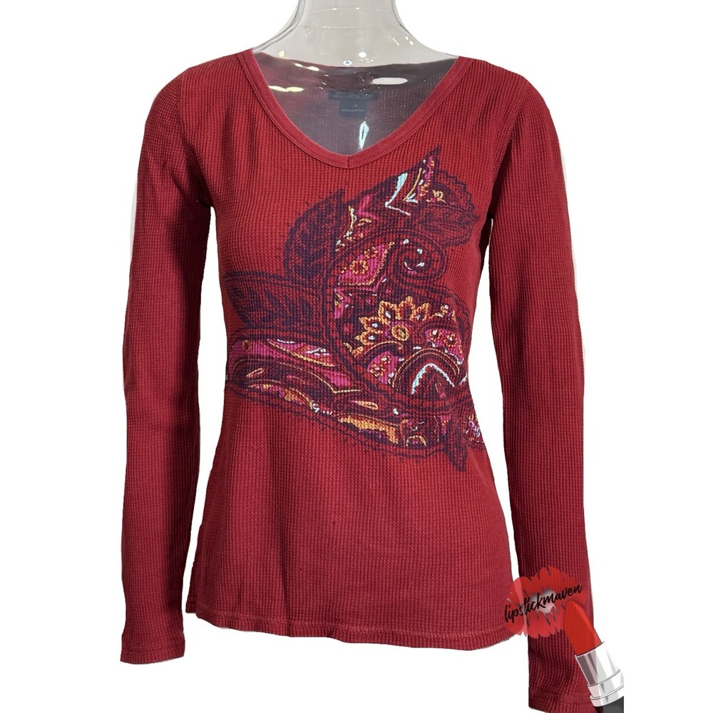 Y2K Lucky Brand Thermal Top Small Red Waffle Blouse V-Neck Paisley Vintage‎